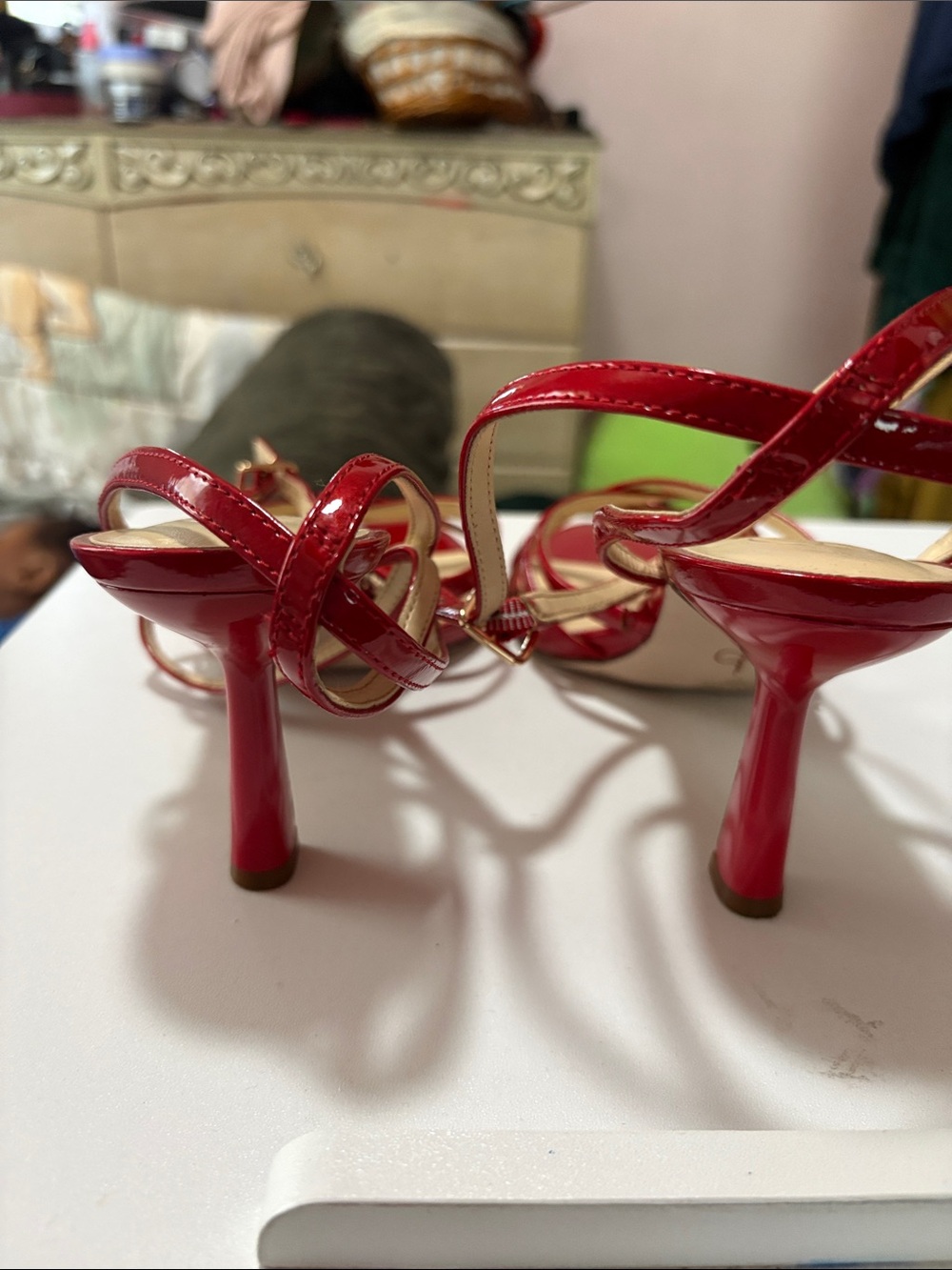 Jessica Simpson Red Strappy Pointed Toe Stiletto Sandals with Ankle Wrap - Picture 2 of 6